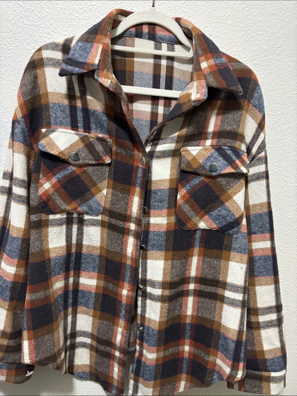 Plaid Button-Up Shacket in Brown, Navy & Cream